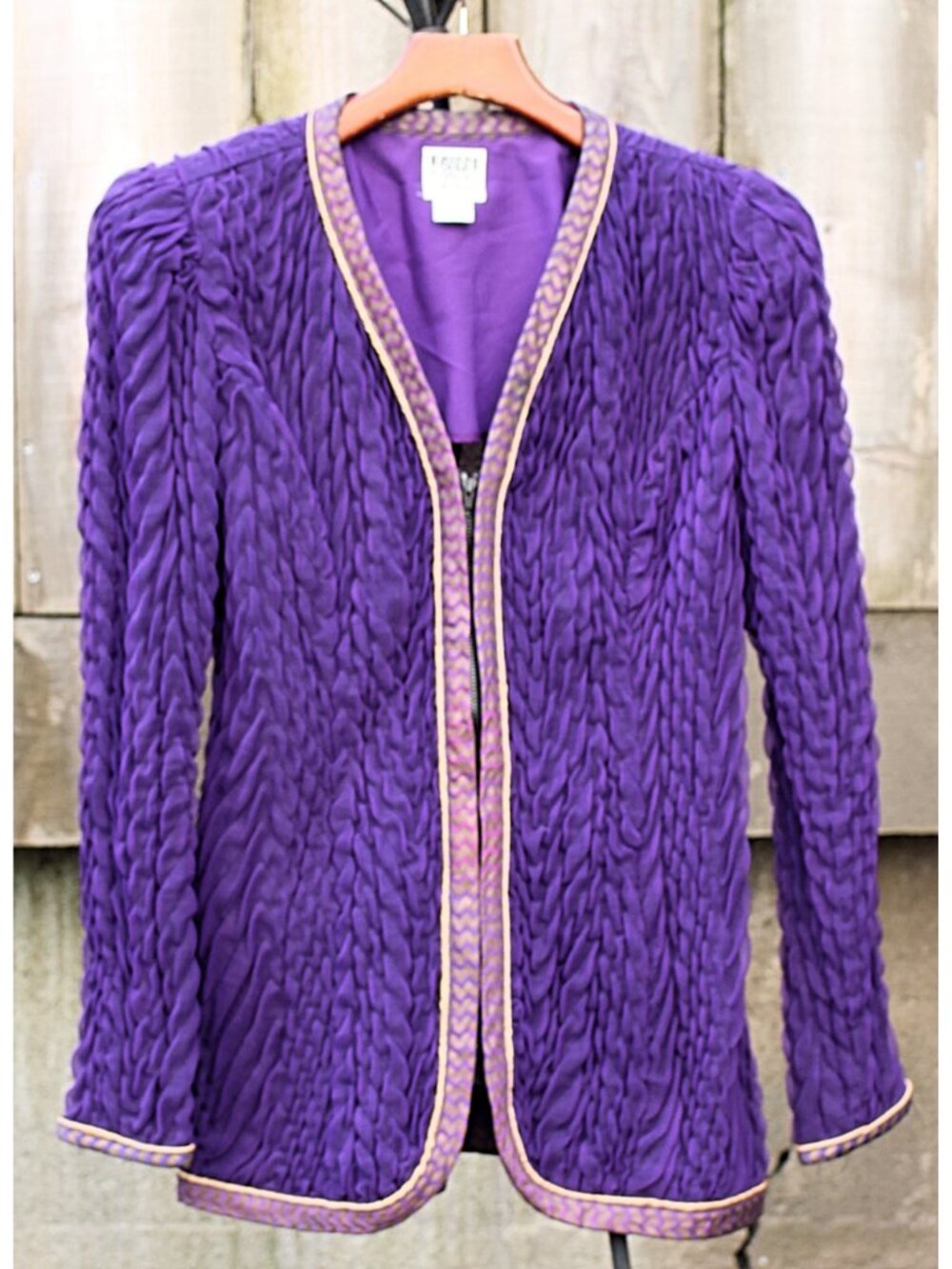 Vintage 1980s Jeanne Marc - Quilted Peplum Zip Front Jacket, Purple, 12-14